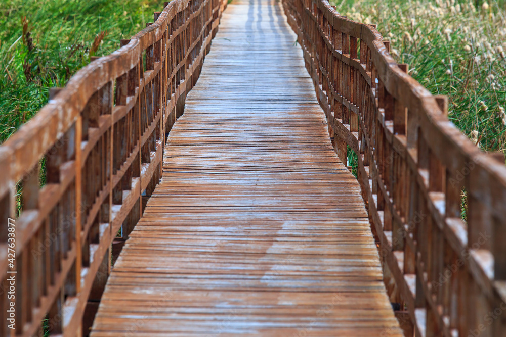 Walkway or walkpath in lake or Small wooden bridge cross over the pond in garden park.