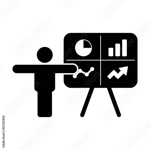 Presentation icon vector male person with board for business and finance analytics and report symbol in a flat color glyph pictogram illustration