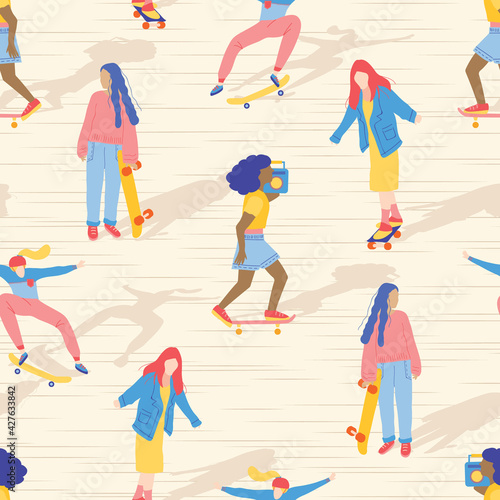 Women Skateboarders Sport Vector Seamless Pattern