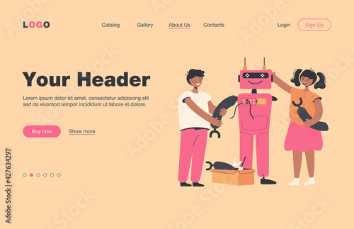 Happy children making robot for school project flat vector illustration. Cartoon students learning robotics with teacher. Engineering technology and education concept