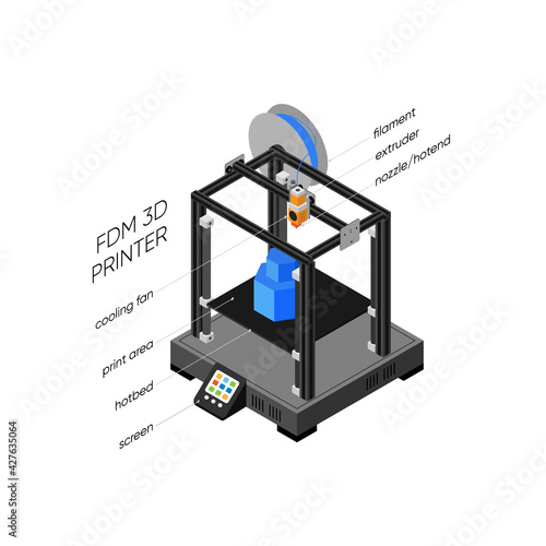 Fused deposition modeling, or FDM 3D Printer in isometric graphic