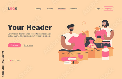 People donating clothes, books and food. Volunteers packing box for donation. Vector illustration for teamwork, charity container, humanitarian help concept