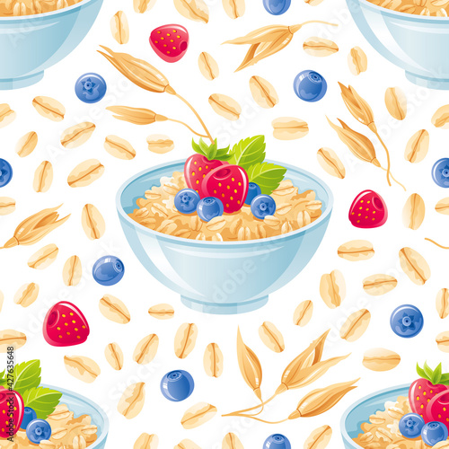 Oat meal pattern. Bowl with granola, muesli, oat flakes, porridge. Blueberry strawberry yogurt oatmeal breakfast. Vector cereal background. Cute illustration of oatmeal bowl. Cartoon wallpaper