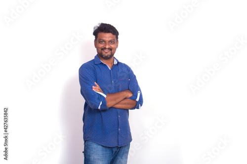 Smiling  South indian Man happily blueshirt