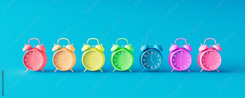 Colorful alarm clocks lined up in row. Creative concept on blue background. 3d render 3d illustration - obrazy, fototapety, plakaty 
