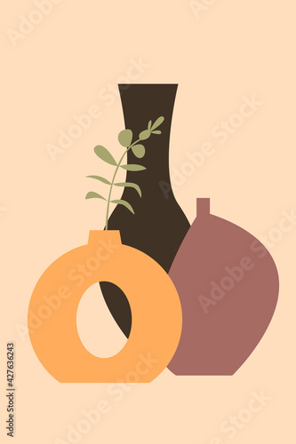 Branch, bottle, vase pattern background, Abstract boho vase illustration for design shop flyer, t shirt print, contemporary wall decor etc