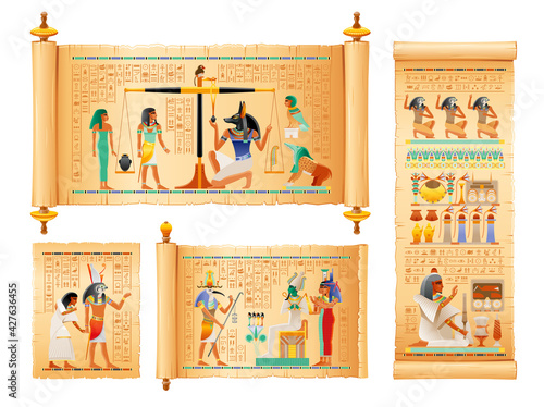 Egyptian papyrus from Book of Dead with afterlife ritual in Duat. Osiris judgment illustration. God Horus, Isis, Osiris human soul with food, drink. Vector ancient Egypt papyrus with hieroglyph text