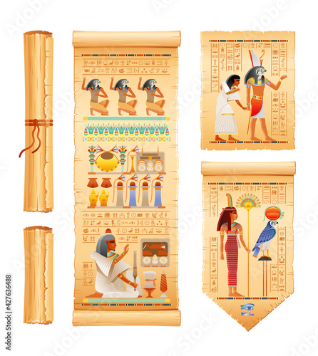 Egyptian papyrus with illustration from Tomb of Nakht in Luxor, afterlife Duat vector. Gods Ra and Anubis, Maat goddess with ostrich feather and fan. Vector ancient Egypt papyrus with hieroglyph text photo
