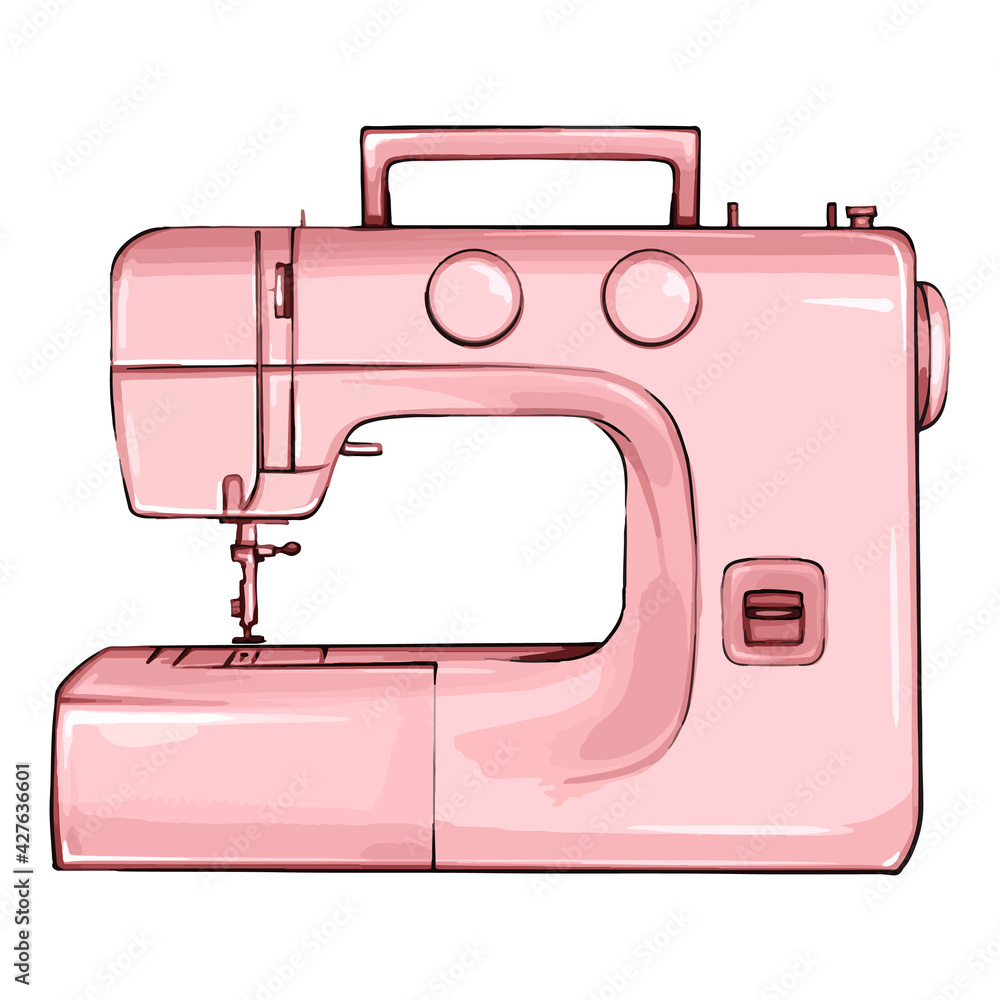 Hand drawn sewing machine retro sketch for your design. Modern illustration of a sewing machine on a white background. Pink sewing machine beautiful illustration. sewing machine front view art