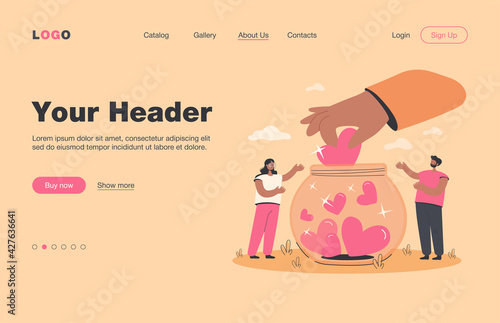 Generous tiny people collecting hearts in jar isolated flat vector illustration. Cartoon volunteers giving hope, support and love. Charity, donation and social community concept