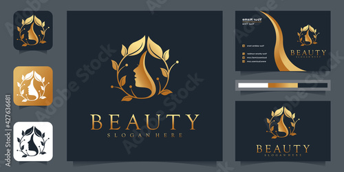 Natural Beautiful woman's face flower logo  with gold gradient and business card design for beauty salon Premium Vector