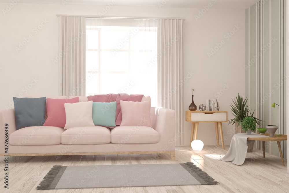 Fototapeta premium White living room with sofa. Scandinavian interior design. 3D illustration