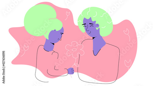 Mothers Day, girl give her mother a flower, mother and daughter, flat design,  family