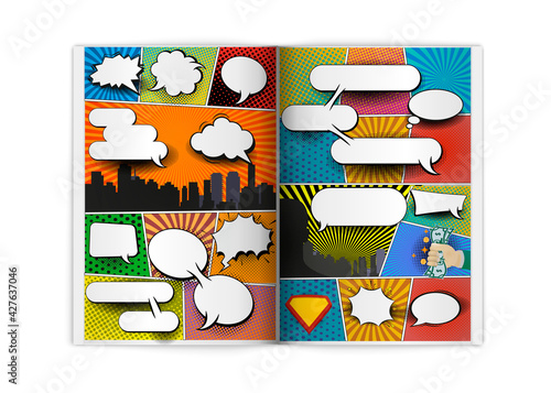 Classic comics book page sample with speech exclamations wow oops bam bubbles patterns composition abstract vector illustration