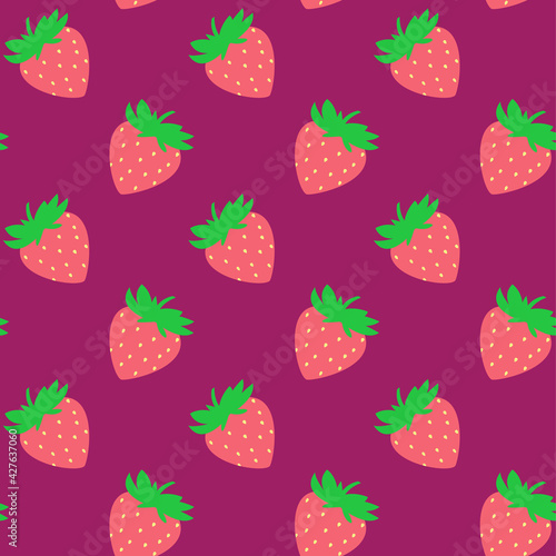 Seamless pattern with red strawberries on purple board. Tasty berry, sweet food illustration. Summer theme. Beautiful print for textile, greeting cards, wrapping paper, decor and design © Daria