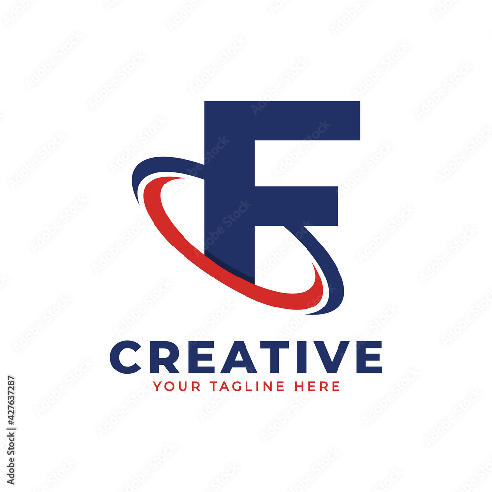Corporation Letter F Logo With Creative Circle Swoosh Orbit Icon Vector Template Element in Blue and Red Color.