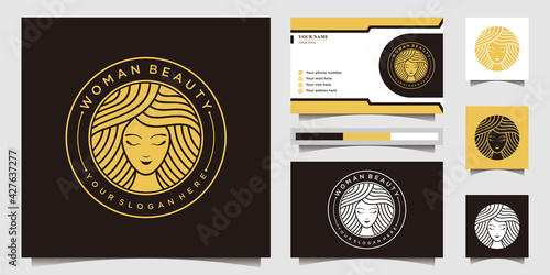 Woman logo with line art emblem style and business card design template for business beauty salon Premium Vector