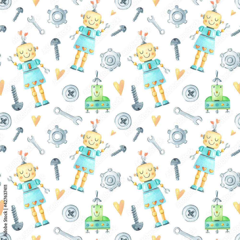 Fototapeta premium Watercolor robot girl,screwdriver, screw, gear on white background. Cute watercolour cartoon character for children.