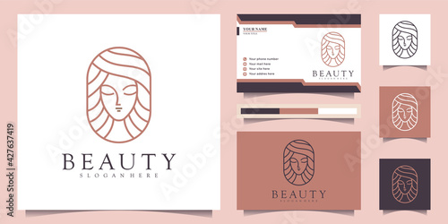 Woman logo with modern line art style and business card design template for beauty salon Premium Vector