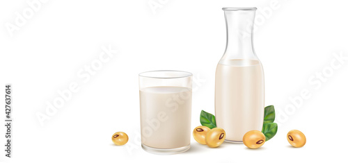 Pure of Soy milk with glass of milk and Bottle mock up isolated on white background. Realistic vector in 3D elements.
