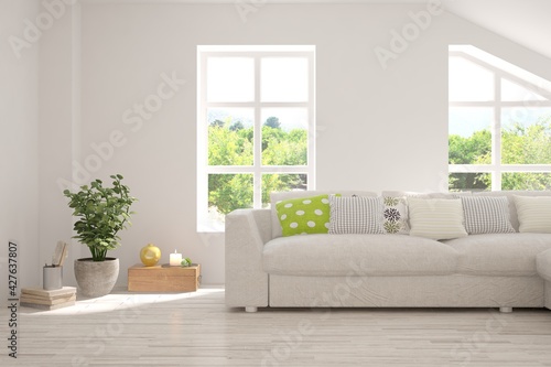 White living room with sofa and summer landscape in window. Scandinavian interior design. 3D illustration