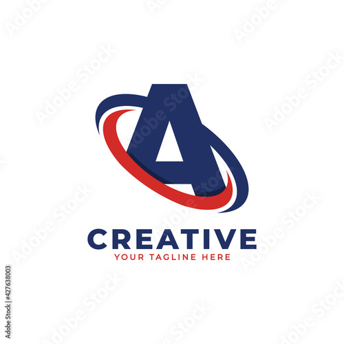 Corporation Letter A Logo With Creative Circle Swoosh Orbit Icon Vector Template Element in Blue and Red Color.