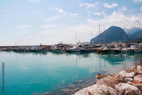 Antalya, Turkey, March 11, 2021. Recreational, fishing yachts and boats in the seaport