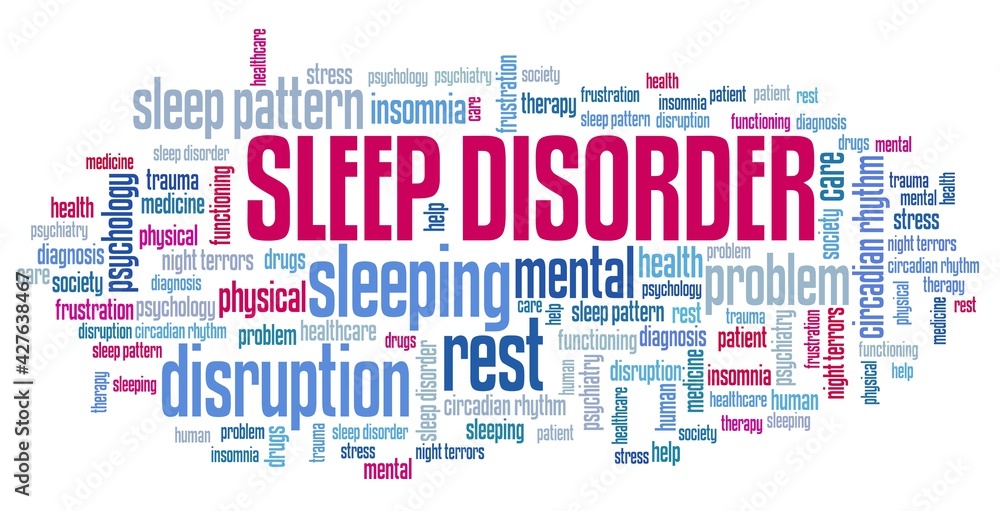Sleep disorder problems - word cloud for sleep disorders - obrazy, fototapety, plakaty 