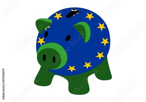 Ahorro en Europa . Hucha cerdo con la bandera  de Europa