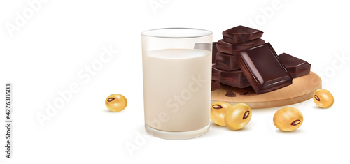 Fresh Soy milk with glass of milk and Bottle mock up isolated on white background. Realistic vector in 3D elements.