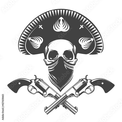 Skull with Sombrero and Two Revolvers Tattoo