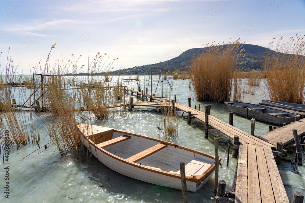 Lake Balaton with a boat in the reed Badacsony hill background