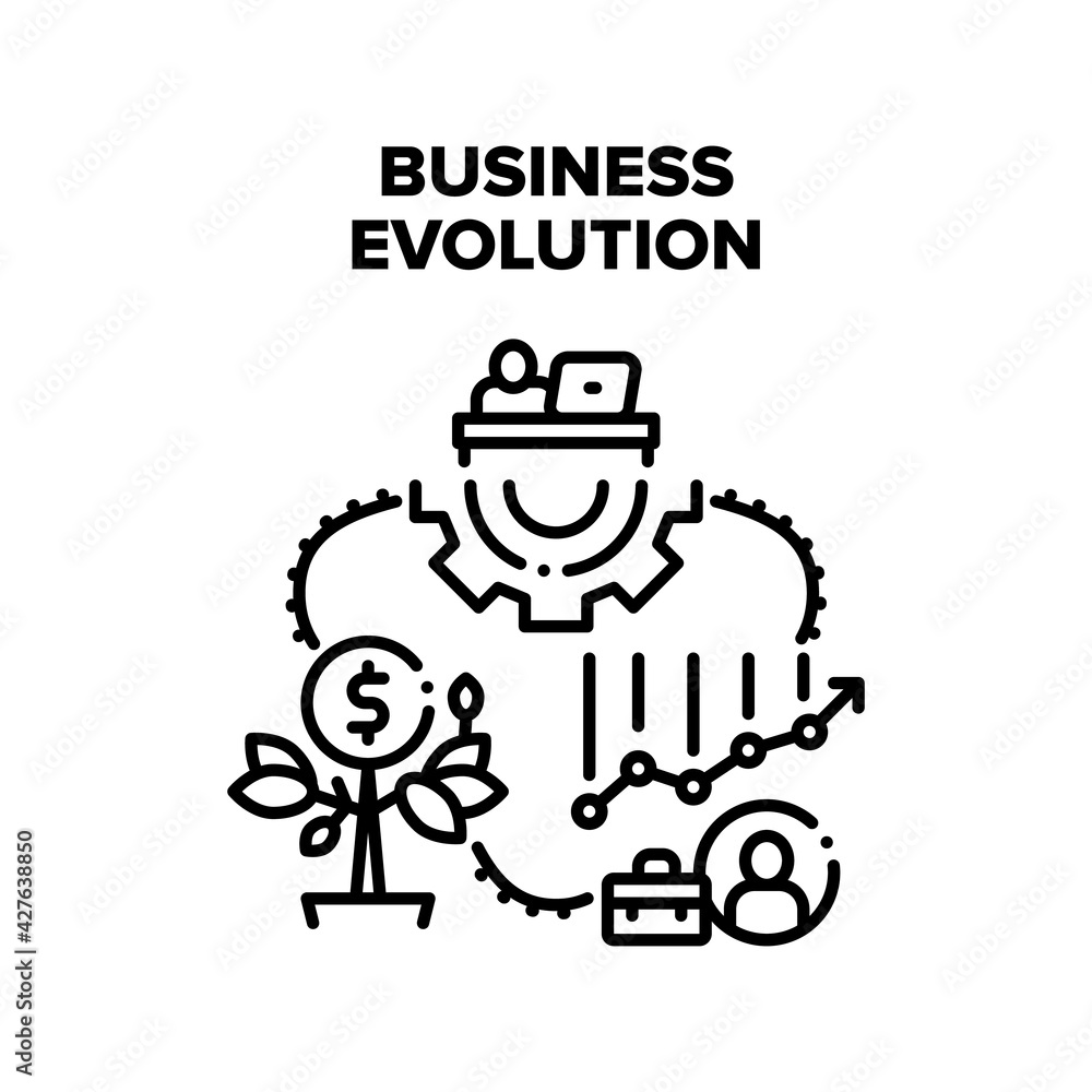 Business Evolution Process Vector Icon Concept. Company Finance And Wealth Growing, Business Evolution Process And Develop Skills, Growth Sales And Money. Businessman Working Black Illustration