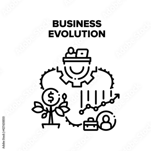 Business Evolution Process Vector Icon Concept. Company Finance And Wealth Growing  Business Evolution Process And Develop Skills  Growth Sales And Money. Businessman Working Black Illustration