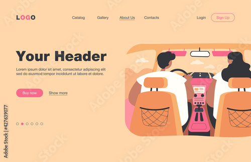 Back view of couple inside car isolated flat vector illustration. View from backseat. Cartoon driver driving and passenger sitting near him. Automobile interior and navigation concept