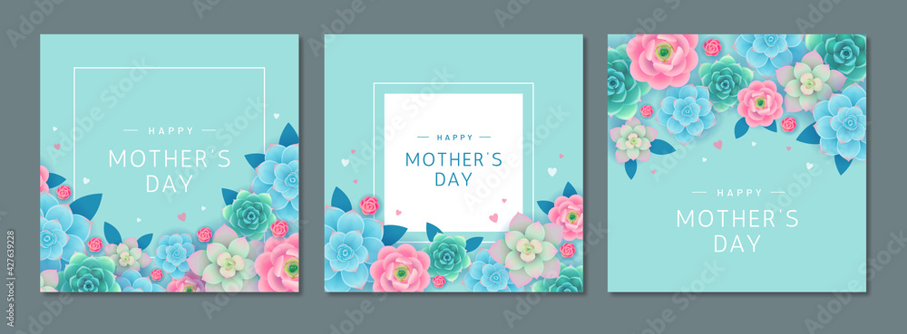 Happy Mother's day. Greeting card set with beautiful flowers and hearts on turquoise background. Banner or poster design template for mom's holiday