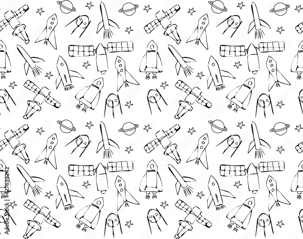 Seamless pattern with space ships and space stations. Vector hand drawn grafic background in doodle style. Seamless pattern with space ships and space stations. Vector hand drawn grafic background in doodle style.
