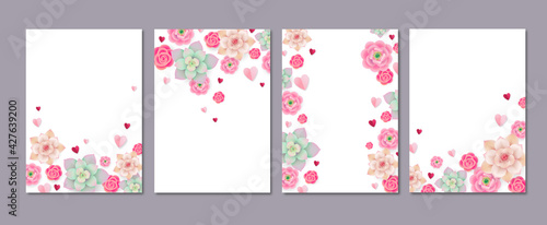 Fototapeta Naklejka Na Ścianę i Meble -  Set of vector floral backgrounds for poster, greeting card and more. Beautiful flowers and paper hearts on white background illustration
