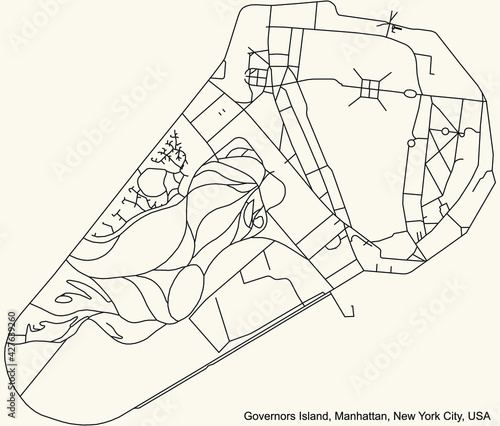 Black simple detailed street roads map on vintage beige background of the quarter Governors Island neighborhood of the Manhattan borough of New York City, USA