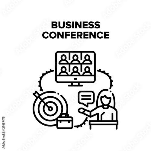 Business Conference Call Vector Icon Concept. Business Conference Call And Discussion With Partner Or Employees Team, Businesspeople Discussion Online Video Conversation Black Illustration