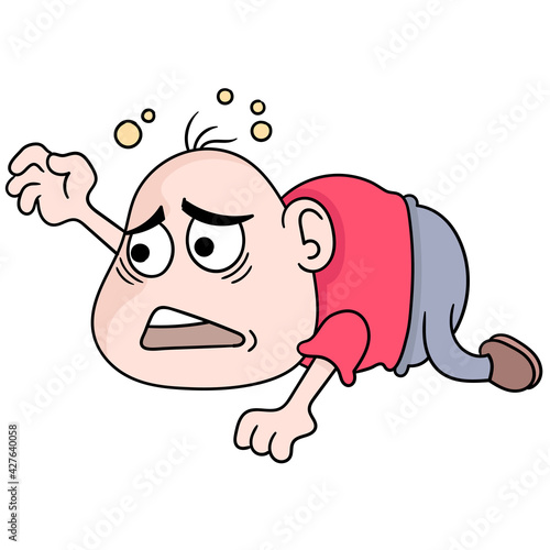 The bald man with the limp face was crawling for help, doodle icon image kawaii