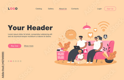 Addicted family using digital gadgets for chatting on social media. Parents and kid using smartphone, laptop, tablet at home. Vector illustration for internet addiction, online communication concept