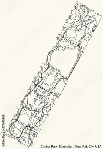 Black simple detailed street roads map on vintage beige background of the quarter Central Park neighborhood of the Manhattan borough of New York City, USA