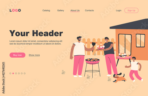 Family barbecue dinner. Mother, father and kid with dog grilling bbq meat in garden. Vector illustration for eating outdoors, backyard, house concept