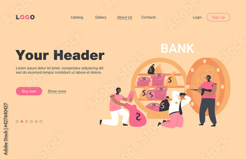 Banking thieves in masks threatening bank workers flat vector illustration. Cartoon robbers taking money from safe. Bank robbery and finance crime concept