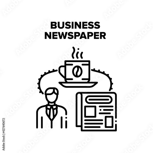 Business Newspaper Reading Vector Icon Concept. Business Newspaper Reading News Businessman And Drinking Hot Energy Beverage Coffee. Man Drink Espresso Read Press Articles Black Illustration