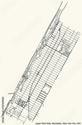 Black simple detailed street roads map on vintage beige background of the quarter Upper West Side neighborhood of the Manhattan borough of New York City, USA