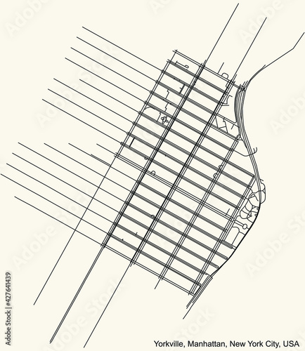 Black simple detailed street roads map on vintage beige background of the quarter Yorkville neighborhood of the Manhattan borough of New York City, USA photo