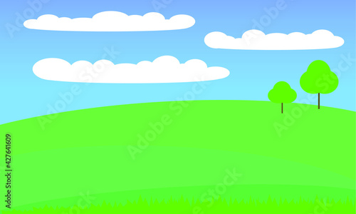 Green hills  trees and blue sky clouds above sunny summer day nature bright cartoon colorful vector background landscape wallpaper