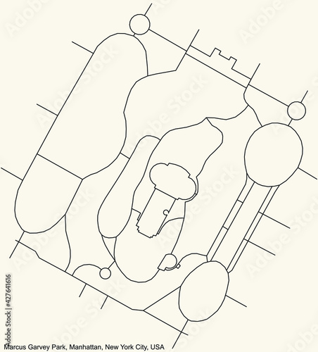 Black simple detailed street roads map on vintage beige background of the quarter Marcus Garvey Park neighborhood of the Manhattan borough of New York City, USA